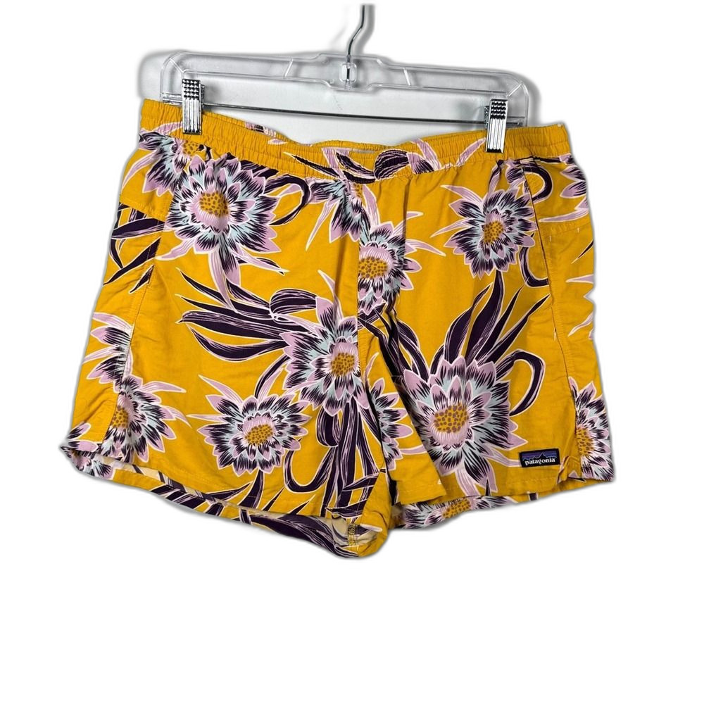 Patagonia Baggies Shorts Womens Large Yellow Floral 4 Inch Inseam Nylon Outdoor